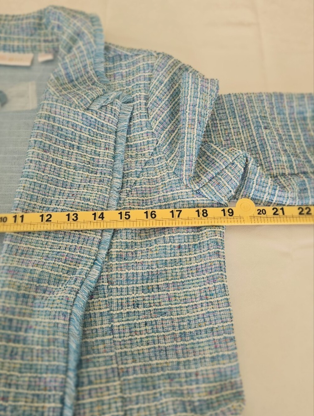 Belle by Kim Gravel Blue Tweed Double-Breasted Blazer Raw Hem Fringe S - Picture 12 of 16